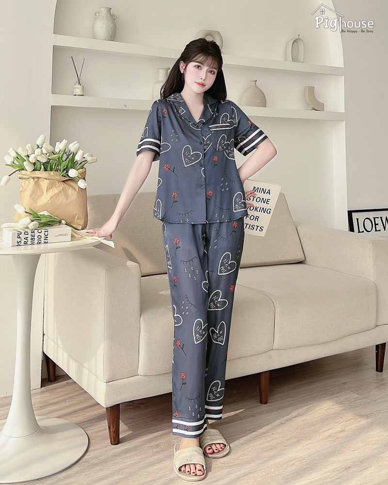 Bộ pijama dài màu xanh chữ newpost
