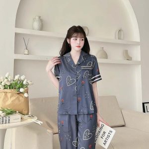 Bộ pijama dài màu xanh chữ newpost