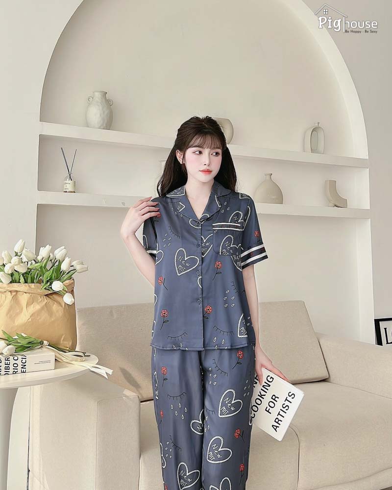Bộ pijama dài màu xanh chữ newpost