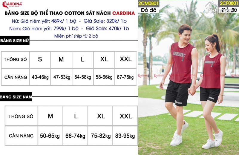 Size Bộ cotton Cardina áo sát nách nam- nữ