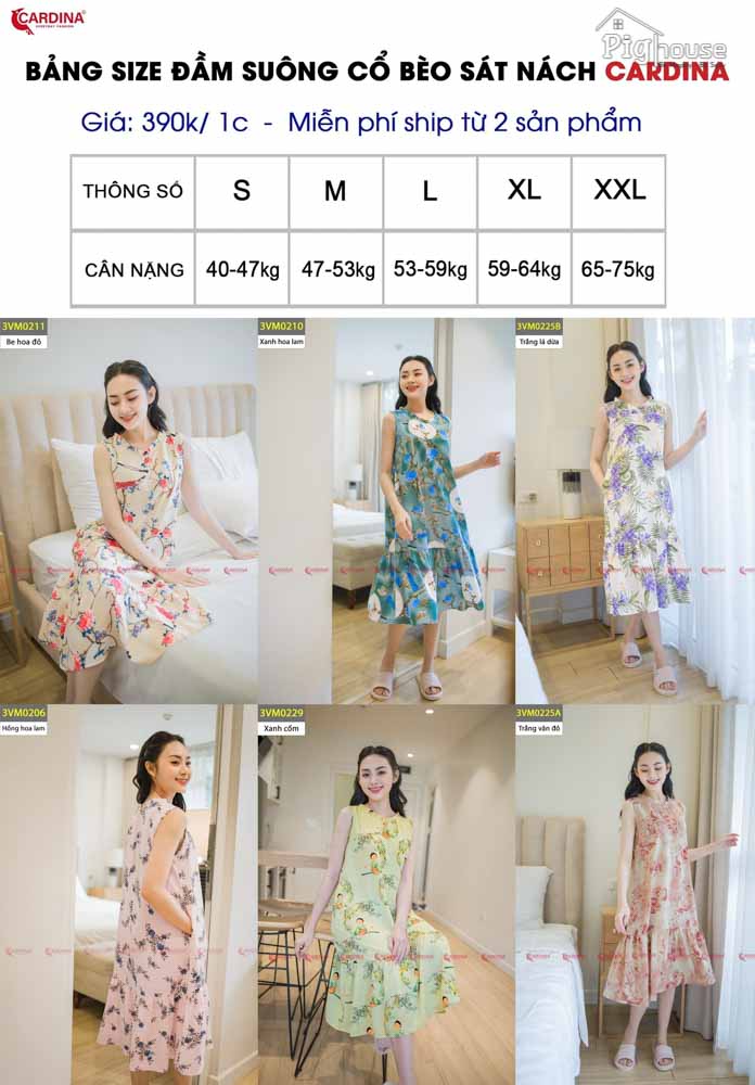 Bảng size Đầm suông cardina sát nách 3VM02