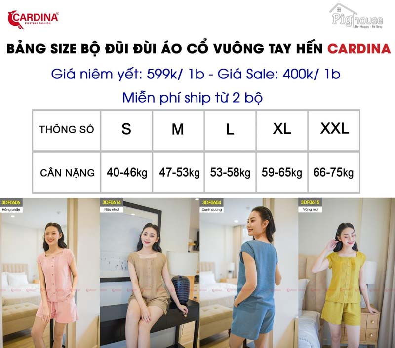 Bảng size: Bộ Pijama cao cấp Cardina lửng 3DF06