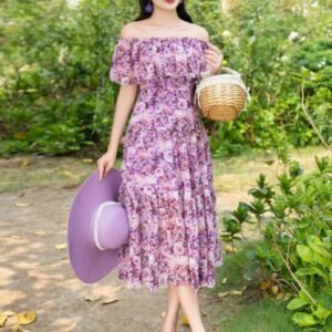 Váy maxi trễ vai hoa tím Luperi