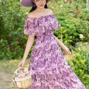 Váy maxi trễ vai hoa tím Luperi
