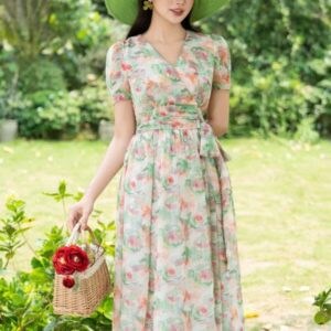 Váy Maxi Họa Tiết Hoa Thắt Nơ Eo Thanh Lịch