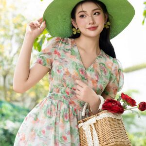 Váy Maxi Họa Tiết Hoa Thắt Nơ Eo Thanh Lịch