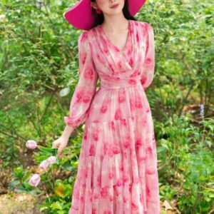 Váy maxi hoa hồng cổ tim Luperi