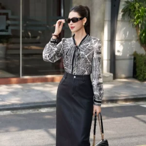 Áo sơ mi LUPERI tay dài họa tiết cổ nơ