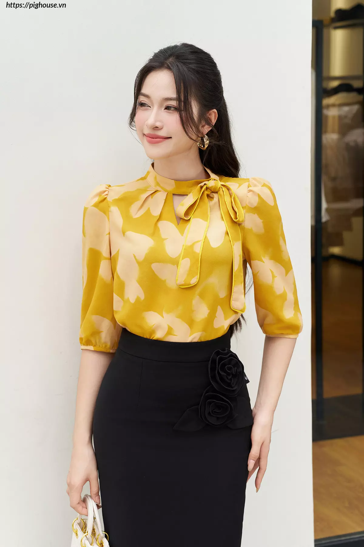 Áo sơ mi cổ chui nơ lệch Luperi