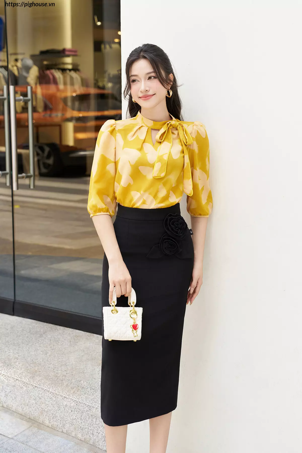 Áo sơ mi cổ chui nơ lệch Luperi