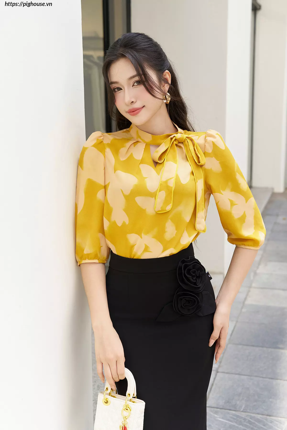 Áo sơ mi cổ chui nơ lệch Luperi