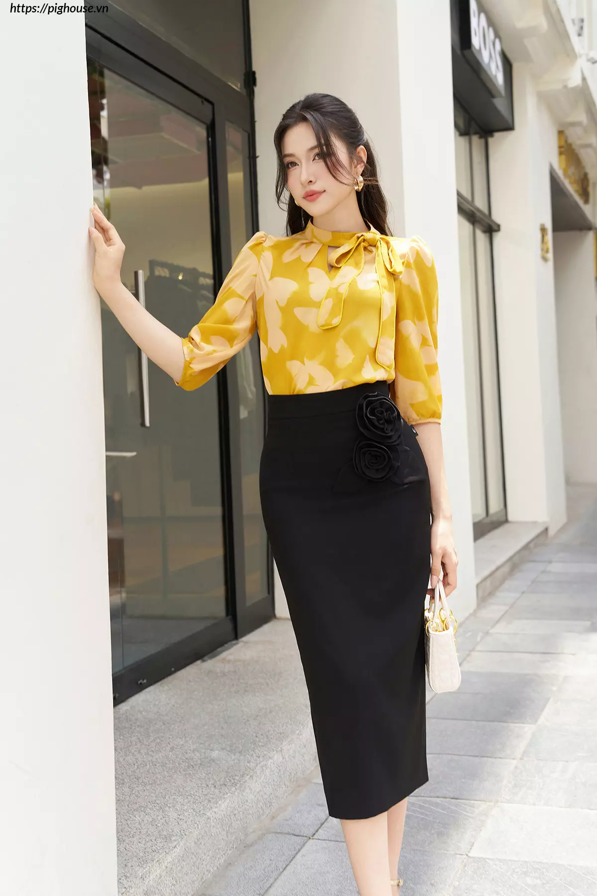 Áo sơ mi cổ chui nơ lệch Luperi