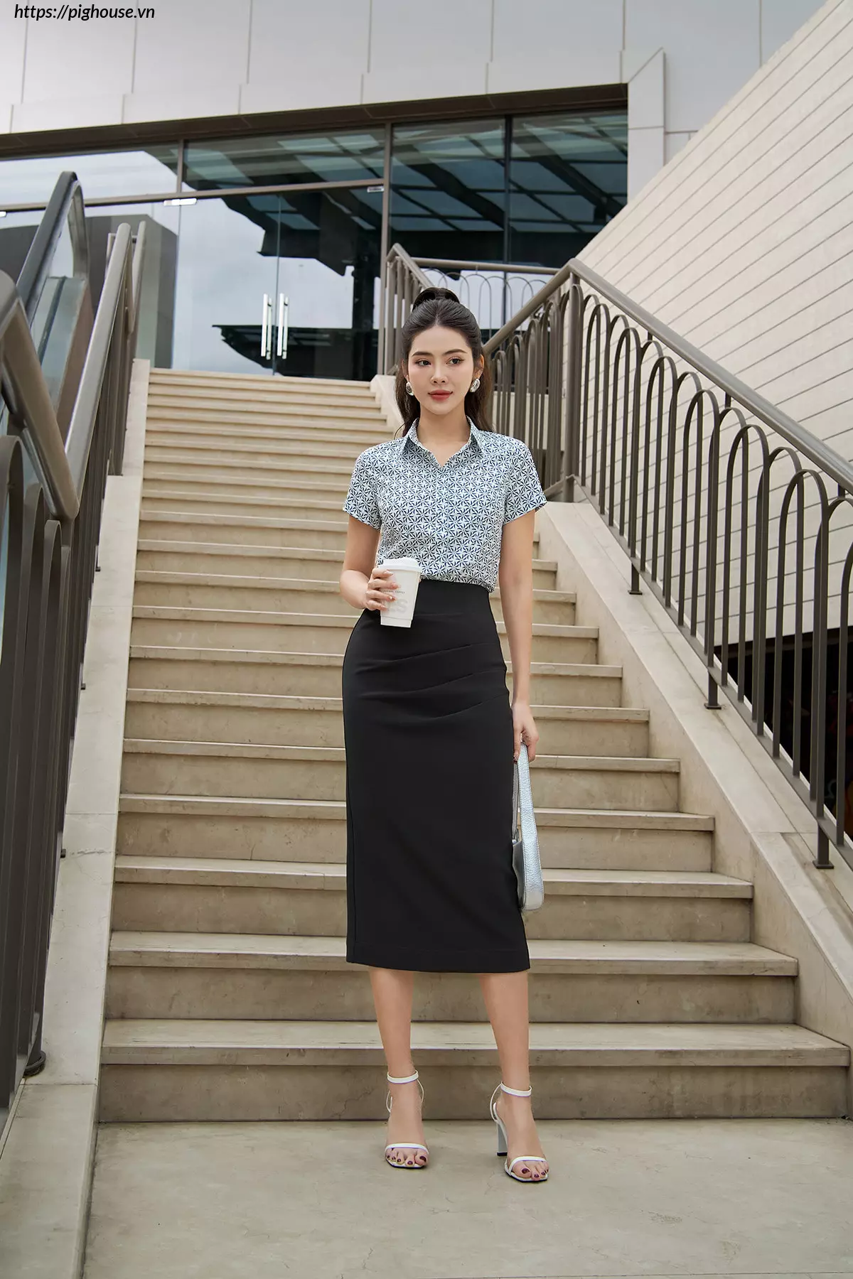 Áo sơ mi cổ đức họa tiết nhỏ thanh lịch