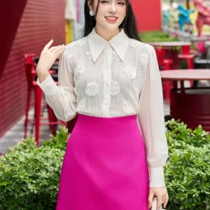 Áo Sơ Mi Ren Hoa Hồng 3D Công Sở