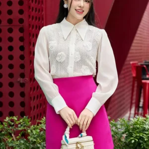 Áo Sơ Mi Ren Hoa Hồng 3D Công Sở