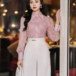 Áo Sơ Mi Ren Hoa Hồng 3D Công Sở