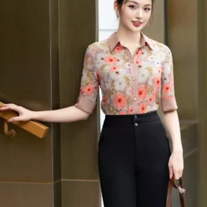 Áo sơ mi lỡ tay họa tiết công sở LUPERI