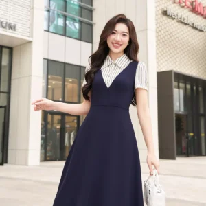 Đầm dáng dài cổ phối kẻ Luperi