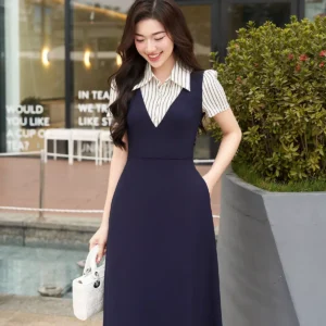 Đầm dáng dài cổ phối kẻ Luperi