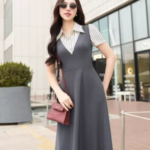 Đầm dáng dài cổ phối kẻ Luperi