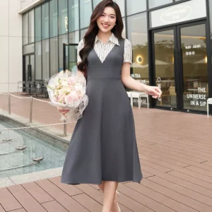 Đầm dáng dài cổ phối kẻ Luperi