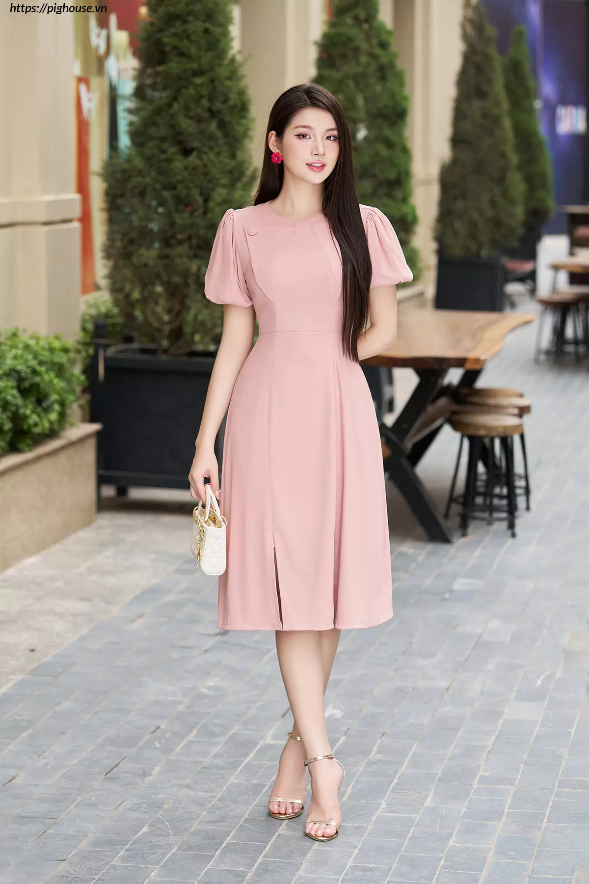 Váy công sở dáng A tay phồng