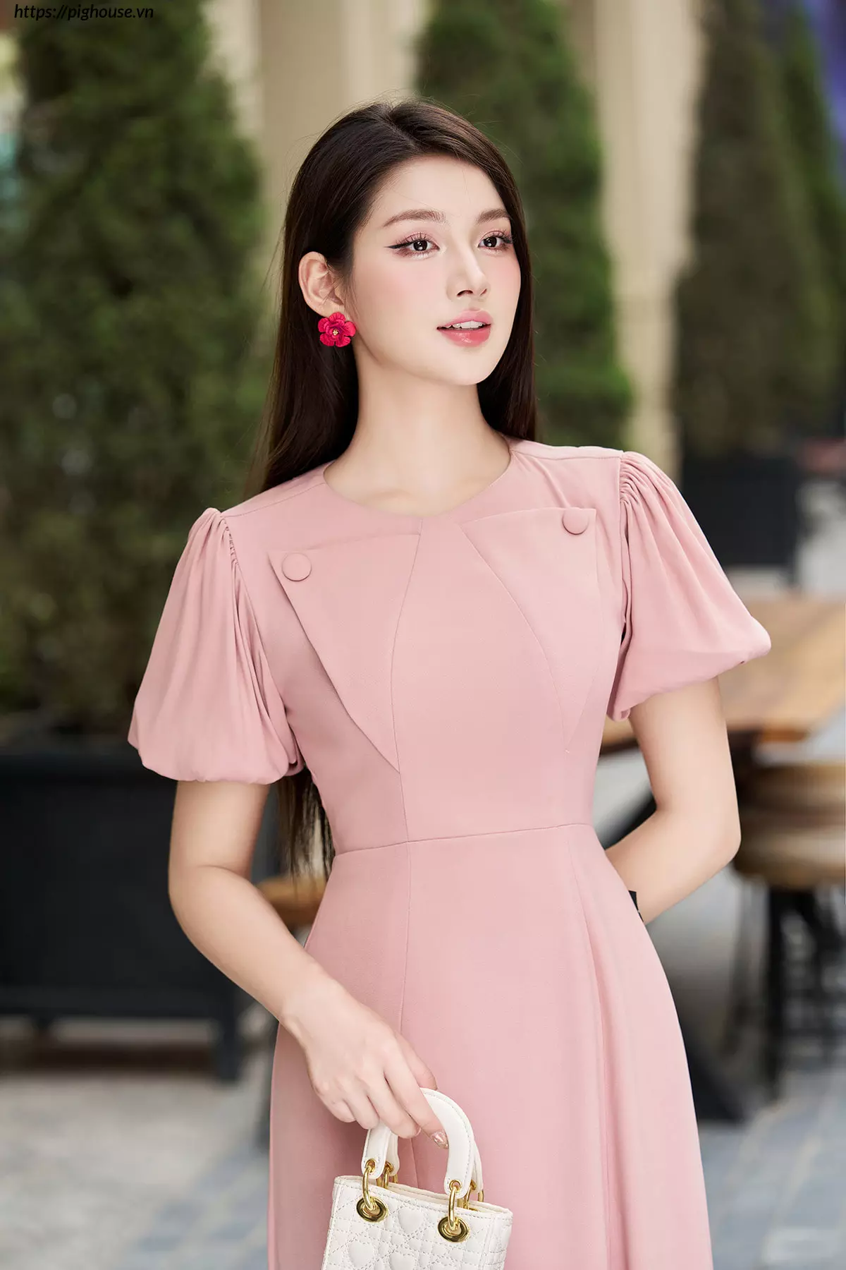 Váy công sở dáng A tay phồng