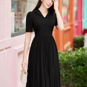 Đầm công sở cổ vest xếp ly LFV3329