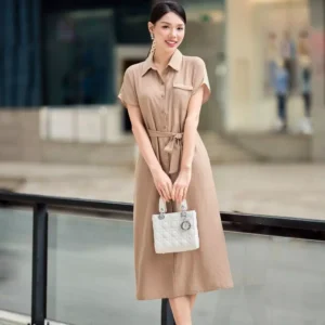 Đầm sơ mi đũi thắt eo duyên dáng