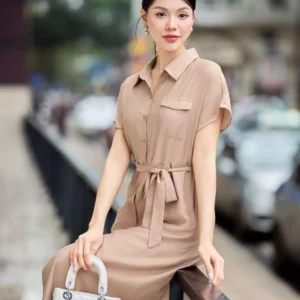 Đầm sơ mi đũi thắt eo duyên dáng