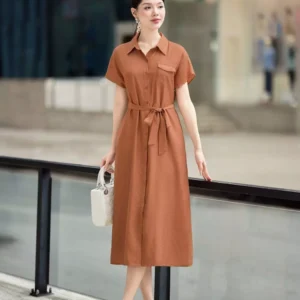 Đầm sơ mi đũi thắt eo duyên dáng