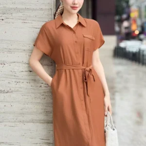 Đầm sơ mi đũi thắt eo duyên dáng