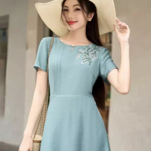 Đầm Đũi Thêu Hoa Vai Túi Sườn