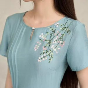 Đầm Đũi Thêu Hoa Vai Túi Sườn