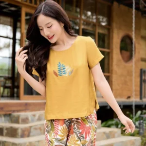 Bộ Đũi Mặc Nhà Thêu Cổ Thuyền