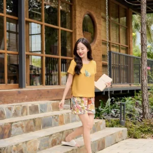 Bộ Đũi Mặc Nhà Thêu Cổ Thuyền