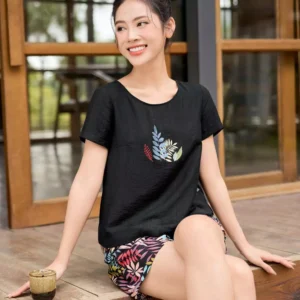 Bộ Đũi Mặc Nhà Thêu Cổ Thuyền