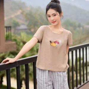 Bộ Đũi Mặc Nhà Thêu Cổ Thuyền