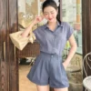 Set sơ mi kẻ quần short jean giấy