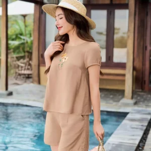 Đồ bộ đũi Bamboo thêu hoa quần đùi