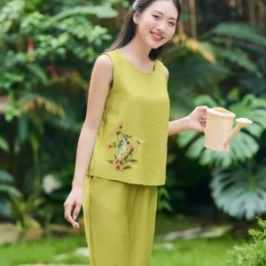 Đũi Bamboo Lửng Sát Nách Thêu Nhún