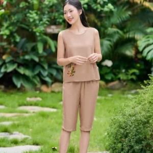 Đũi Bamboo Lửng Sát Nách Thêu Nhún
