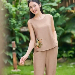 Đũi Bamboo Lửng Sát Nách Thêu Nhún