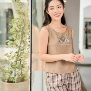 Bộ Đồ Mặc Nhà Đũi Bamboo Quần Kẻ Thoáng Mát