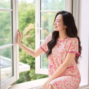 Bộ Lanh Lửng Tay Cộc Phối Bèo Họa Tiết