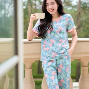 Bộ Lanh Lửng Tay Cộc Phối Bèo Họa Tiết