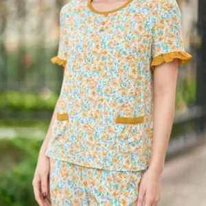 Bộ Lanh Lửng Tay Cộc Phối Bèo Họa Tiết