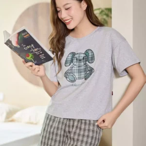 Bộ đồ mặc nhà cotton kẻ vai chờm
