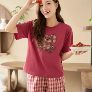 Bộ đồ mặc nhà cotton kẻ vai chờm