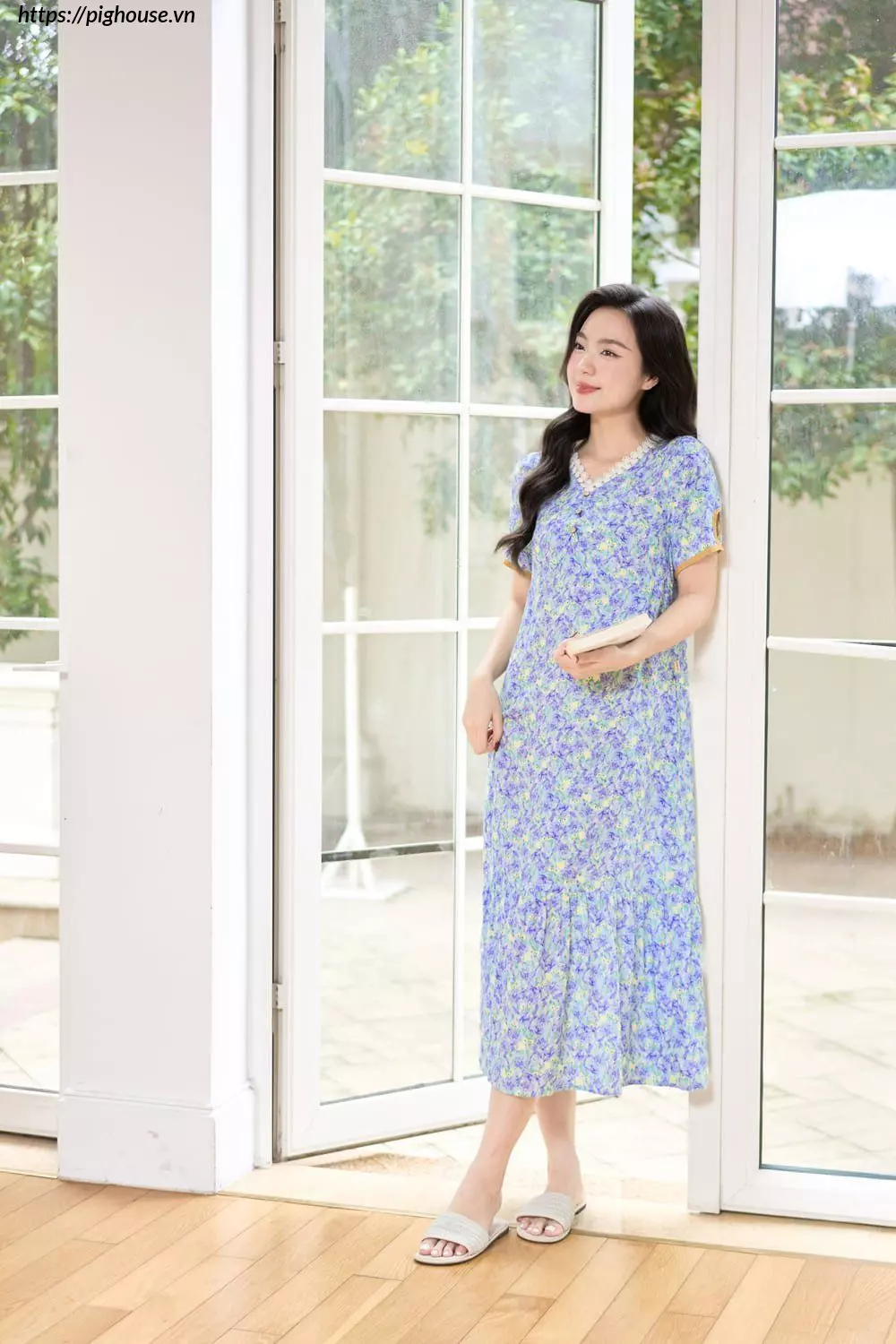 Đầm lanh dáng A đuôi cá họa tiết hoa nhí